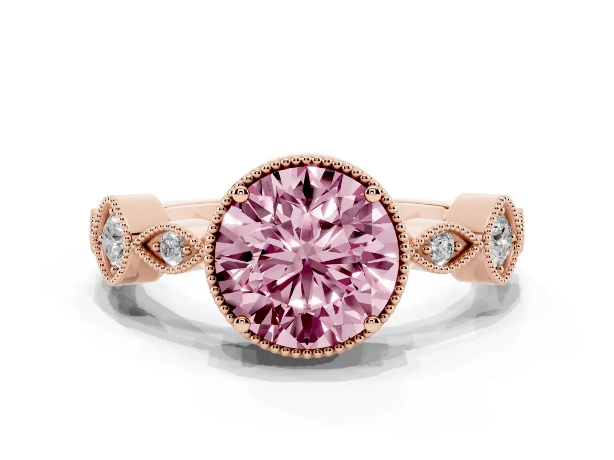 Fancy Pink Round Cut Diamond Vintage Milgrain Ring with Round Stations Rose gold