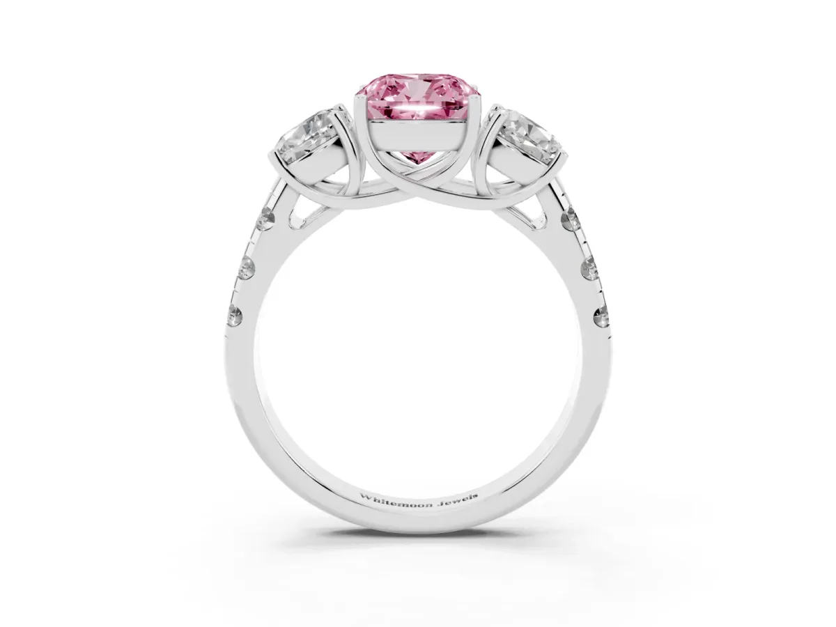 Fancy Pink Three-Stone Cushion Cut Diamond Pavé Band with Prong Setting Platinum