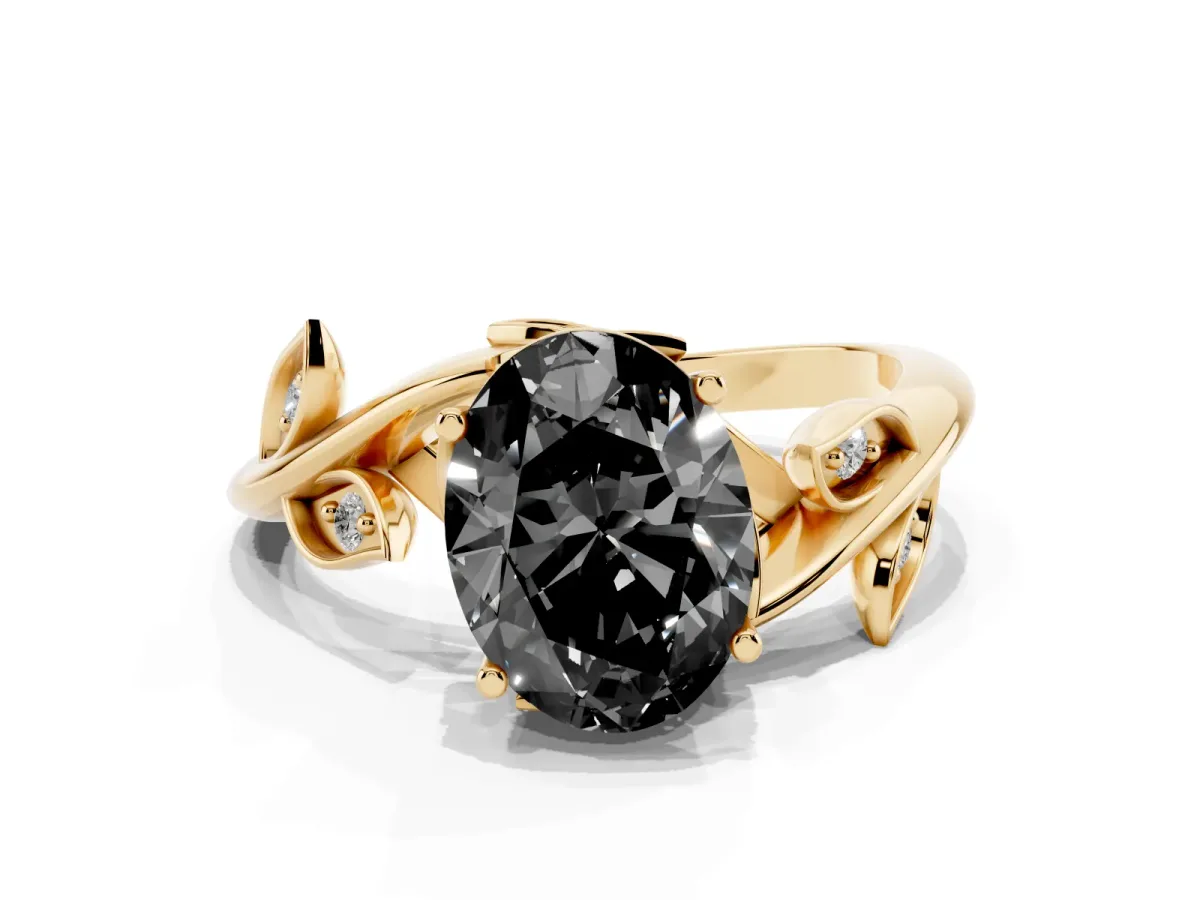 Fancy Black Oval Cut Solitaire Twist Engagement Ring with Leaf Accents and Prong Setting Yellow gold