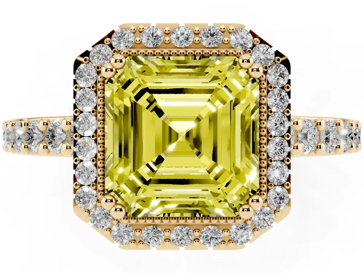 Fancy Yellow Asscher Cut Cut Diamond Halo Engagement Ring with Milgrain Detail and Pavé Band Yellow gold