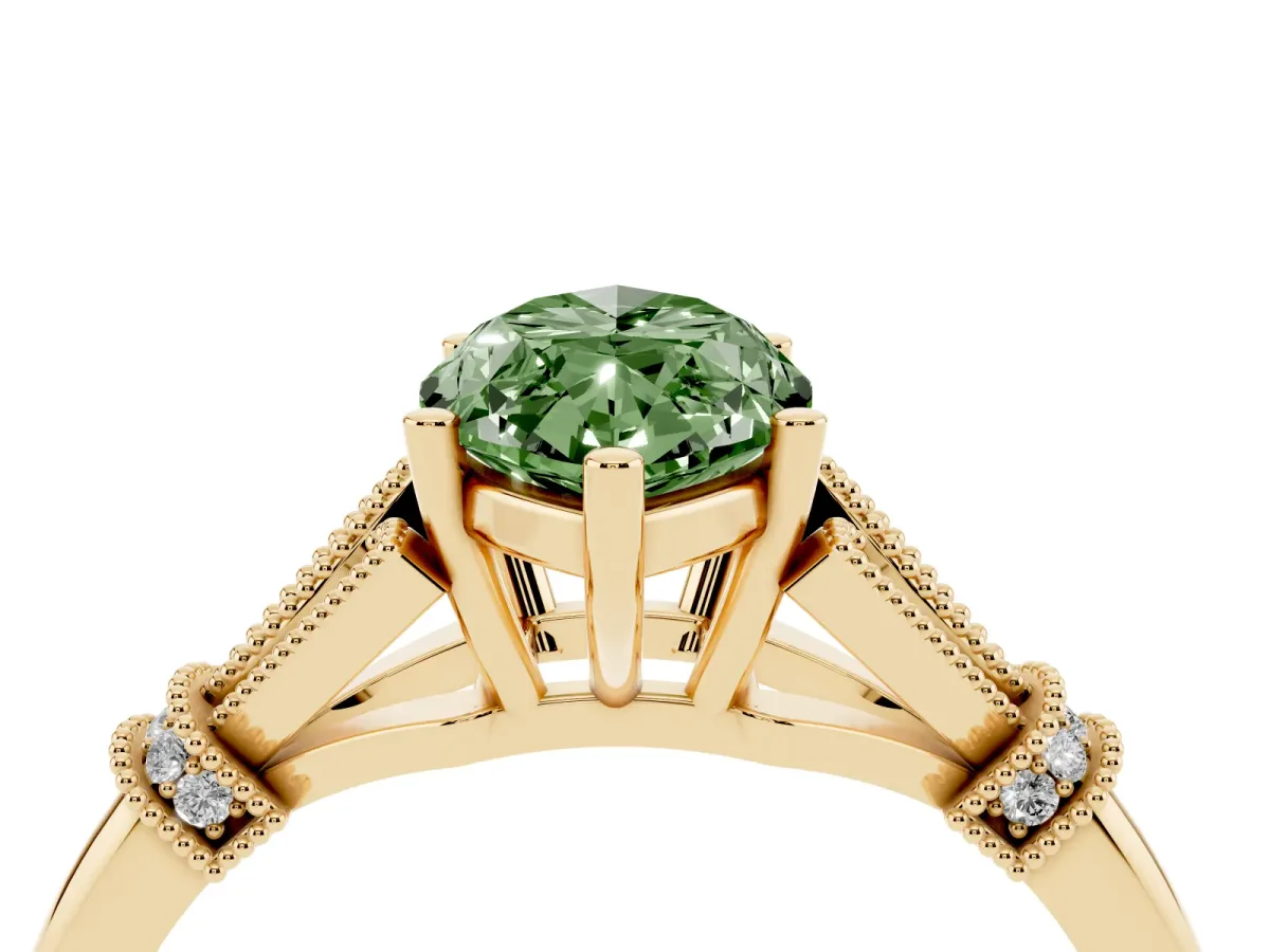 Fancy Green Marquise Cut Diamond Solitaire Ring with Floral Filigree and Pave Accents Yellow gold