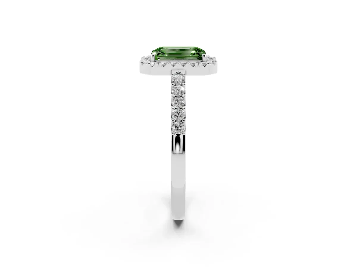 Fancy Green Emerald Cut Halo Diamond Pavé Solitaire Ring Silver