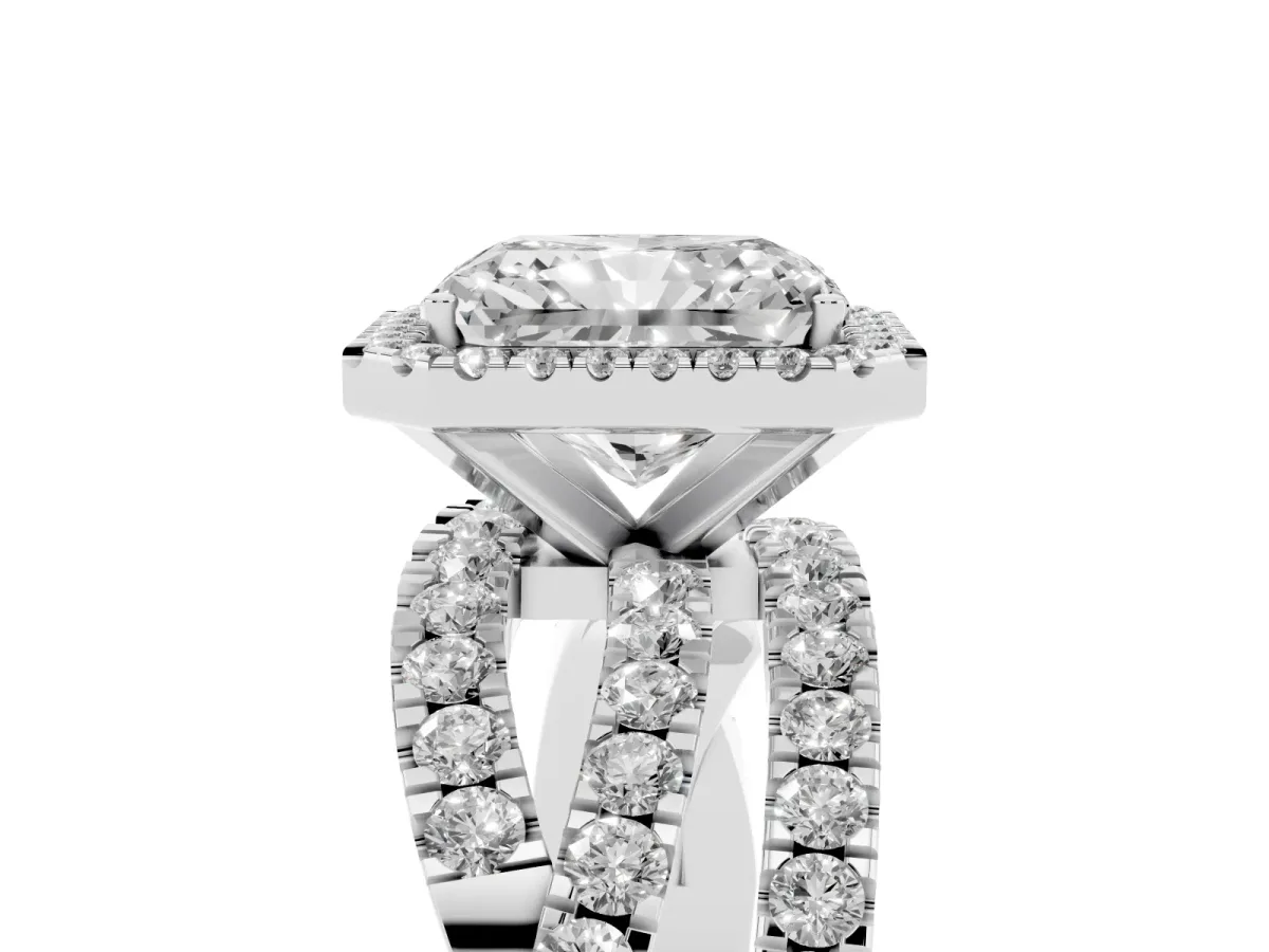 Radiant Cut Diamond Halo Ring with Round Split Shank and Prong Setting Silver