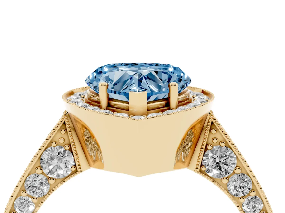 Fancy Blue Heart Cut Halo Diamond Engagement Ring with Split Shank Band and Four-Prong Setting Yellow gold
