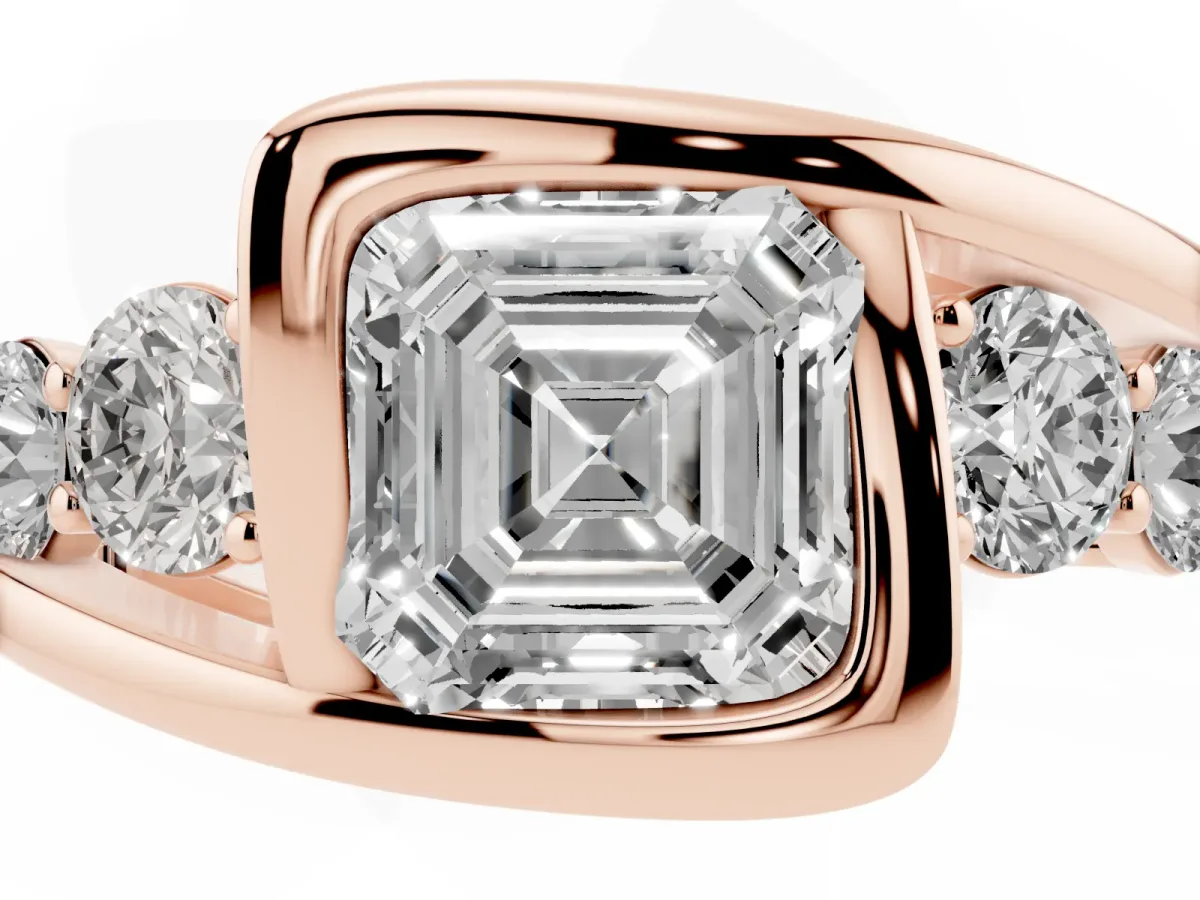 Bezel Set Asscher Cut Diamond Bypass Ring with Round Accents Rose gold