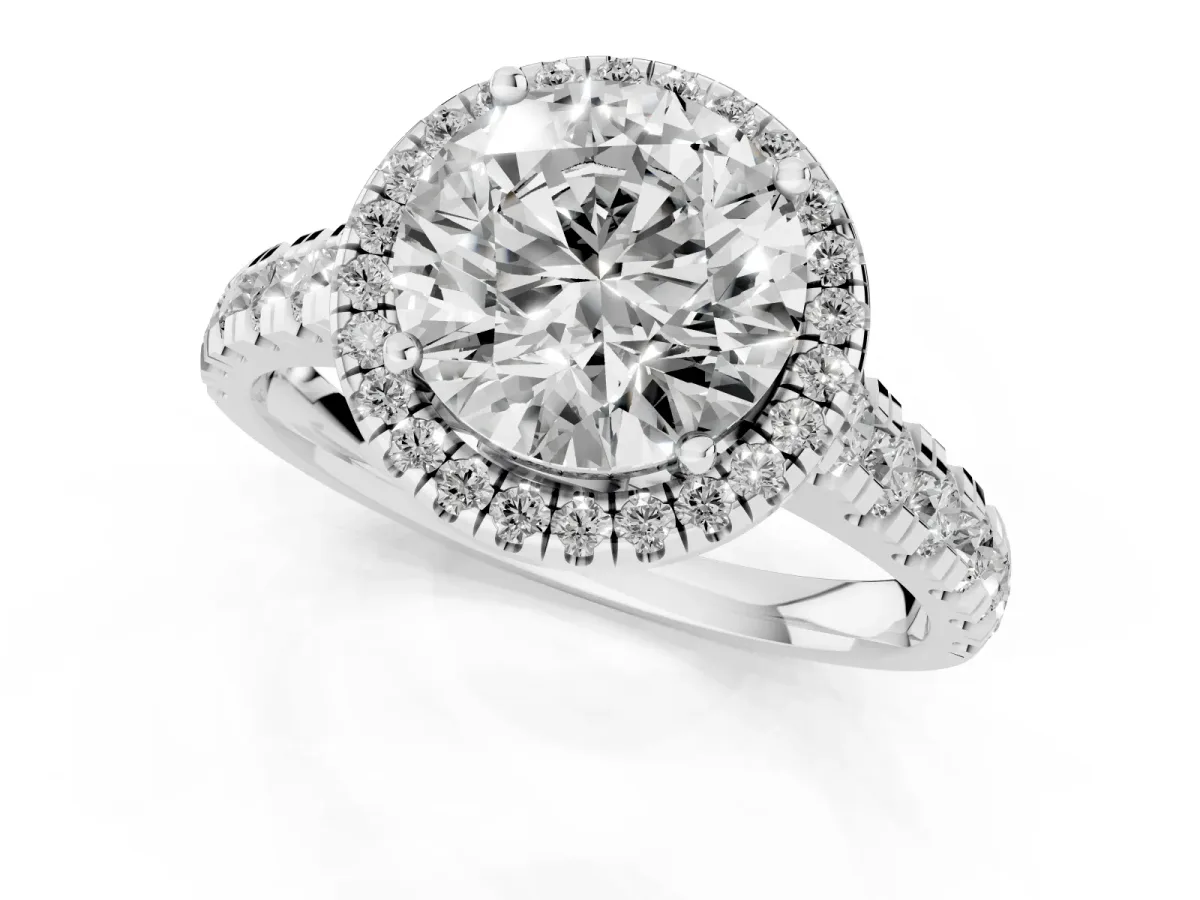 Round Cut Halo Pavé Diamond Engagement Ring with Four-Prong Setting Silver