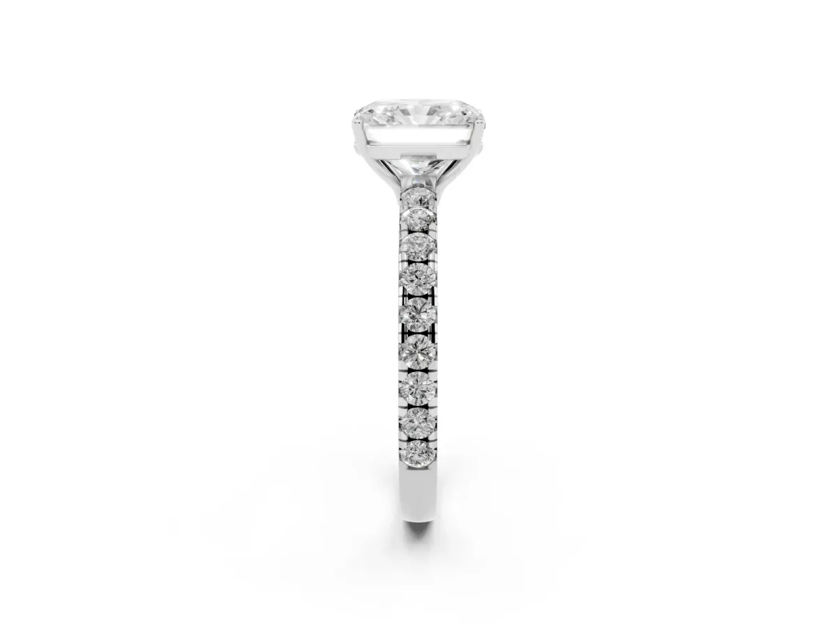 Radiant Cut Diamond Pavé Solitaire Engagement Ring with Four-Prong Setting Platinum