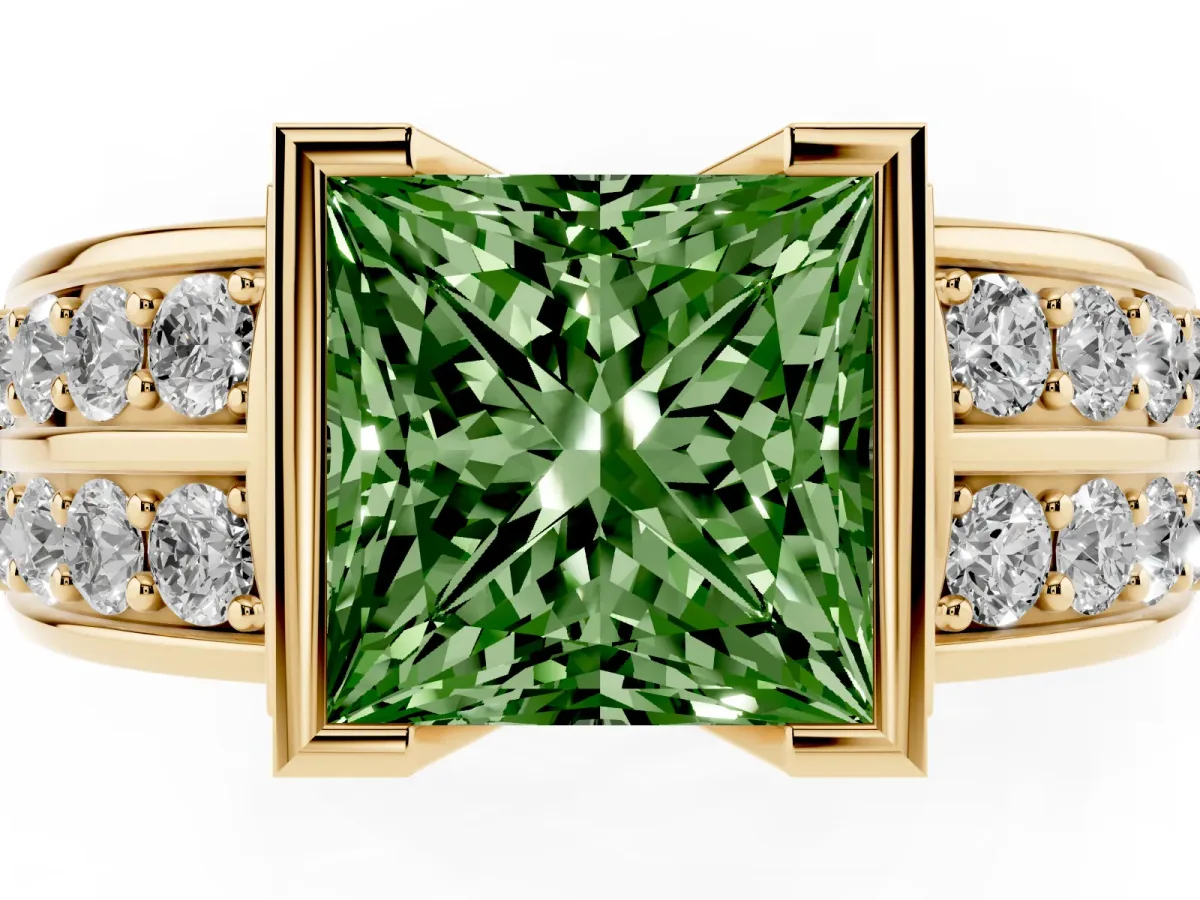 Fancy Green Princess Cut Brilliant Diamond Channel Set Wide Band Ring with Bezel Setting Yellow gold