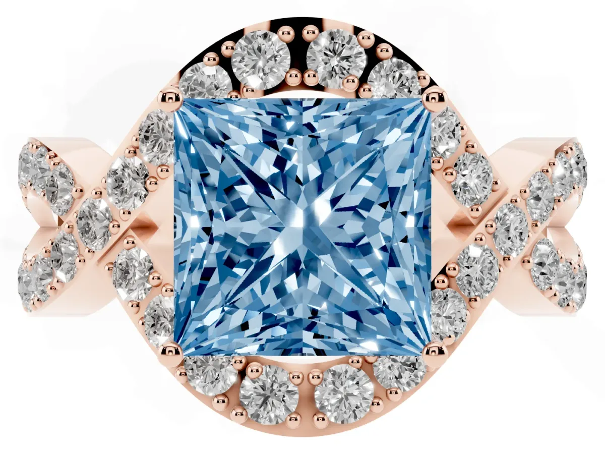 Fancy Blue Princess Cut Solitaire Twist Band Pavé Diamond Engagement Ring Rose gold