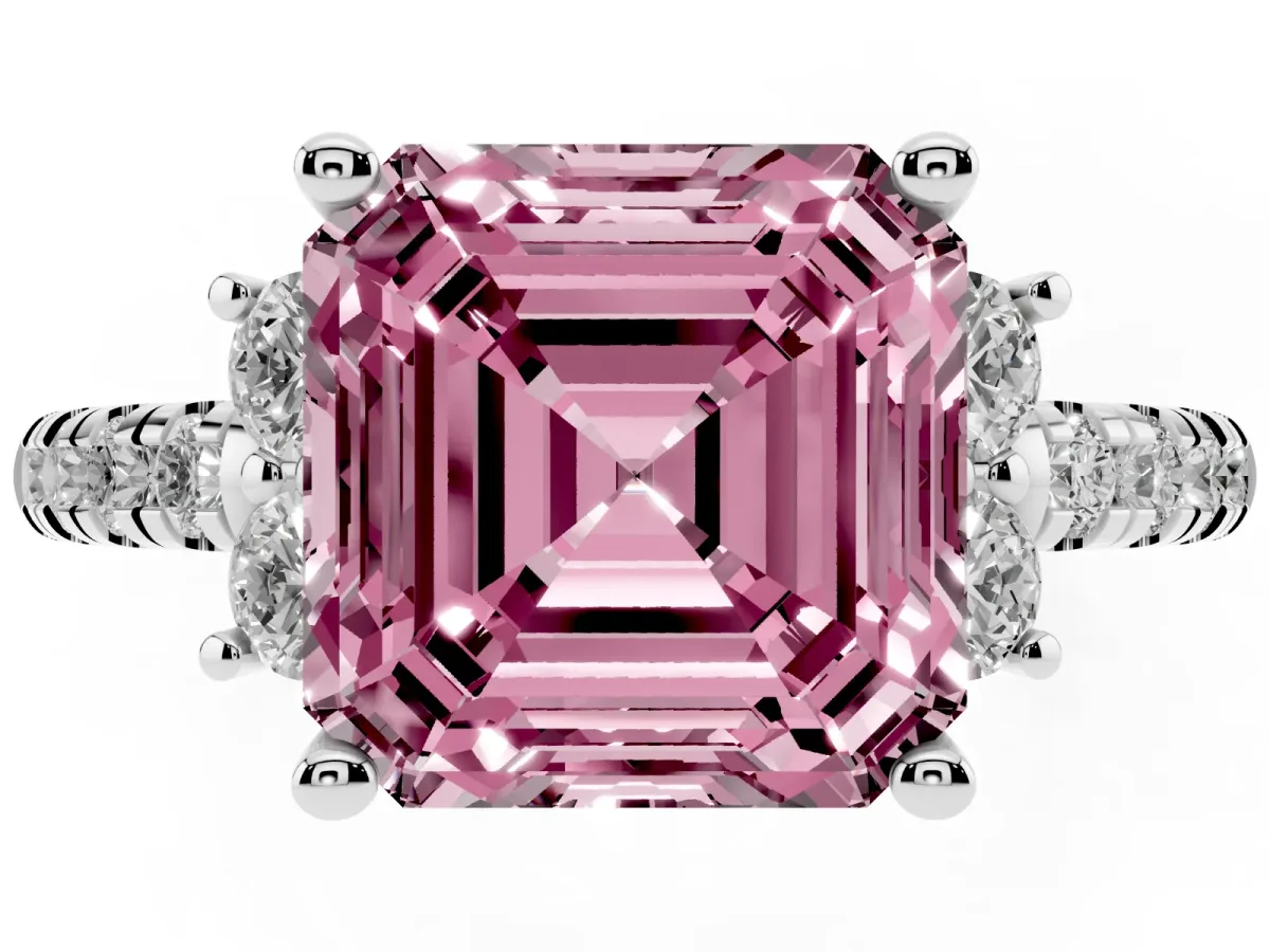 Fancy Pink Asscher Cut Diamond Three-Stone Pave Band with Four-Prong Setting Silver