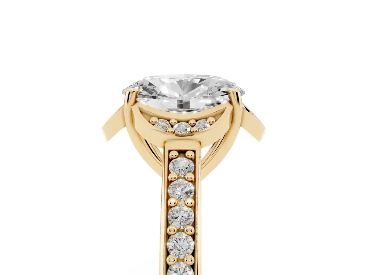 Oval Cut Cut Halo Diamond Ring with Channel Set Band and Four-Prong Setting Yellow gold
