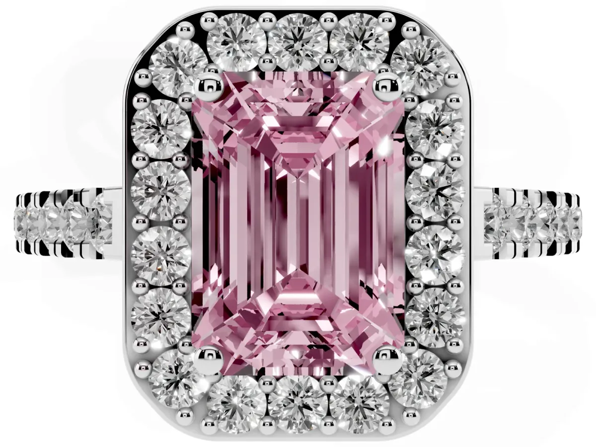 Fancy Pink Emerald Cut Diamond Halo Ring with Round Pavé Split Shank and Prong Setting Platinum