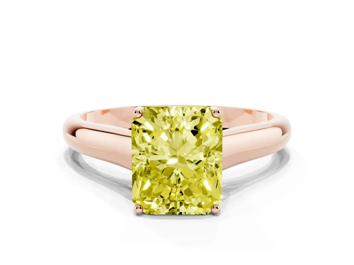Fancy Yellow Radiant Cut Solitaire Engagement Ring with Tapered Band and Four-Prong Setting Rose gold