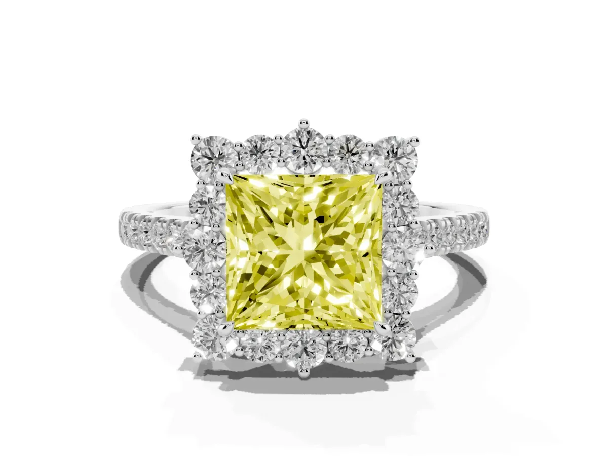 Fancy Yellow Princess Cut Halo Diamond Ring with Pavé Band and Prong Setting Silver