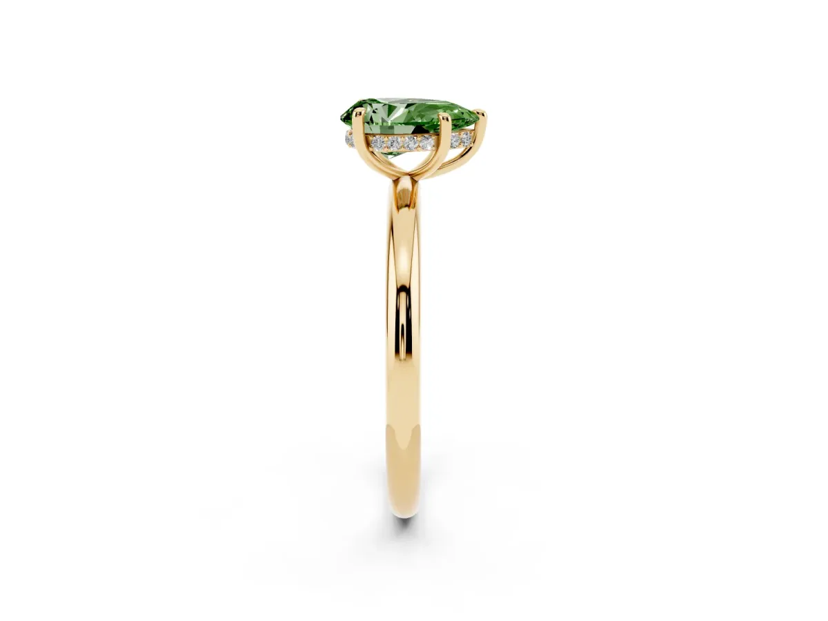 Fancy Green Pear Cut Diamond Solitaire Ring with Thin Band and Four-Prong Setting Yellow gold