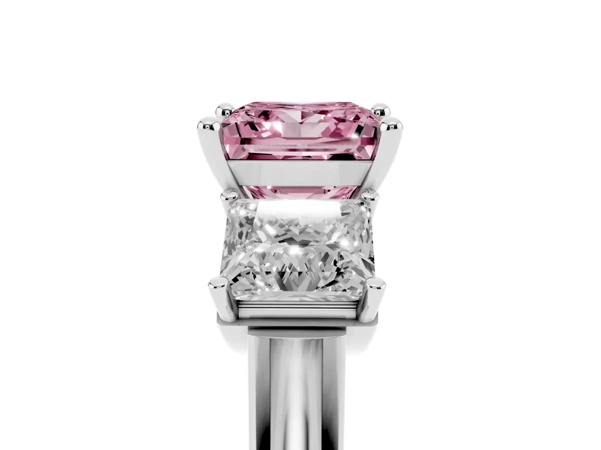 Fancy Pink Three-Stone Princess Cut Brilliant Diamond Trellis Ring with Comfort Fit Band White gold