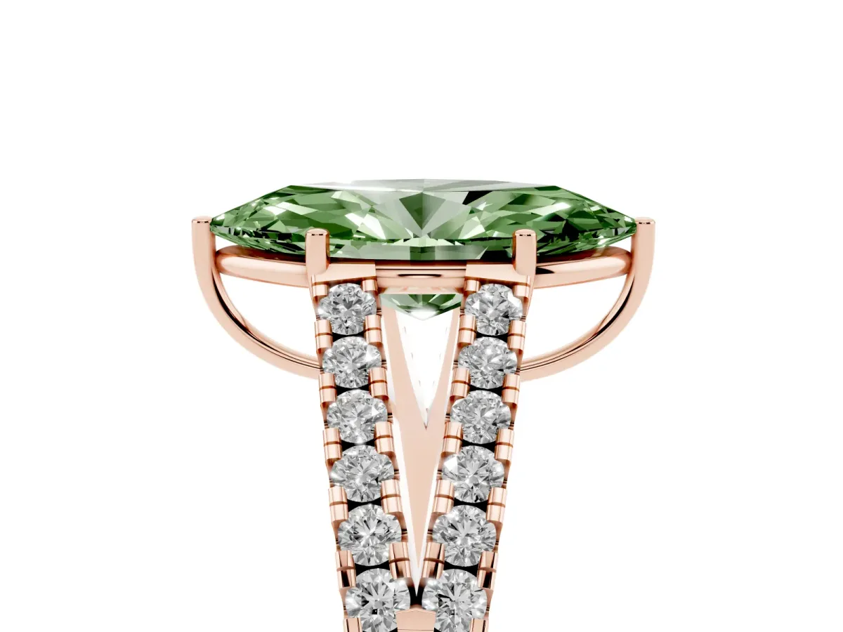 Fancy Green Marquise Cut Diamond Split Shank Pavé Engagement Ring with Four-Prong Setting Rose gold