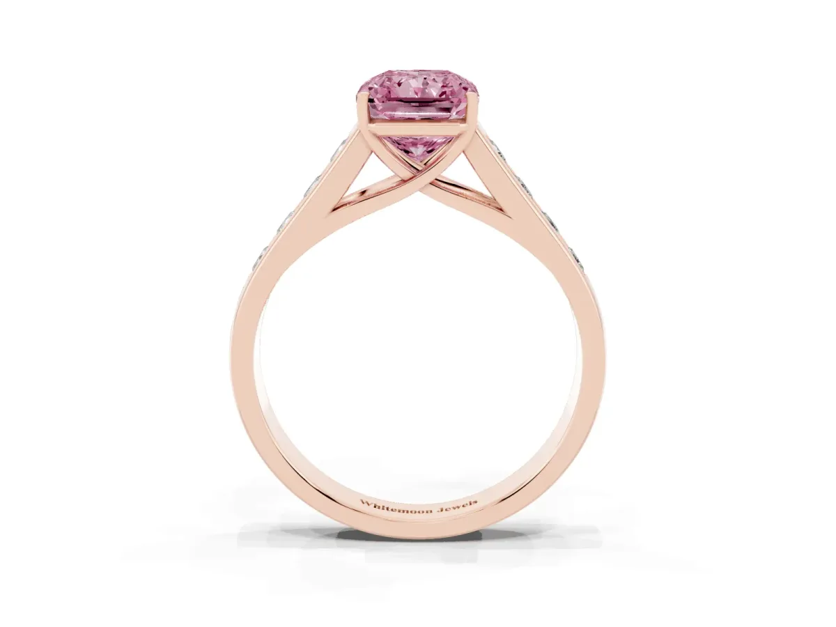Fancy Pink Radiant Cut Solitaire Channel-Set Diamond Engagement Ring with Four-Prong Setting Rose gold