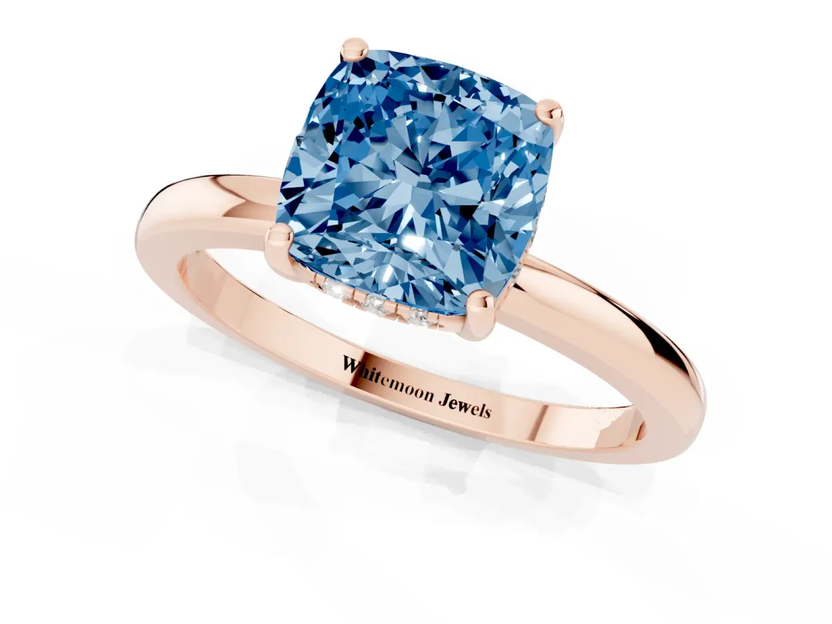 Fancy Blue Cushion Cut Solitaire Diamond Ring with Prong Setting and Plain Band Rose gold