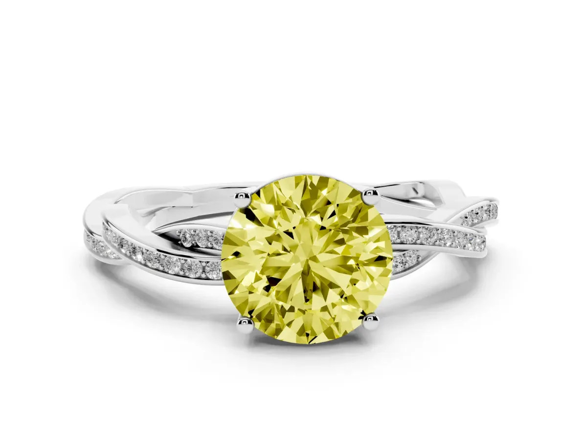 Fancy Yellow Round Cut Solitaire Twisted Pave Diamond Ring with Four-Prong Setting White gold