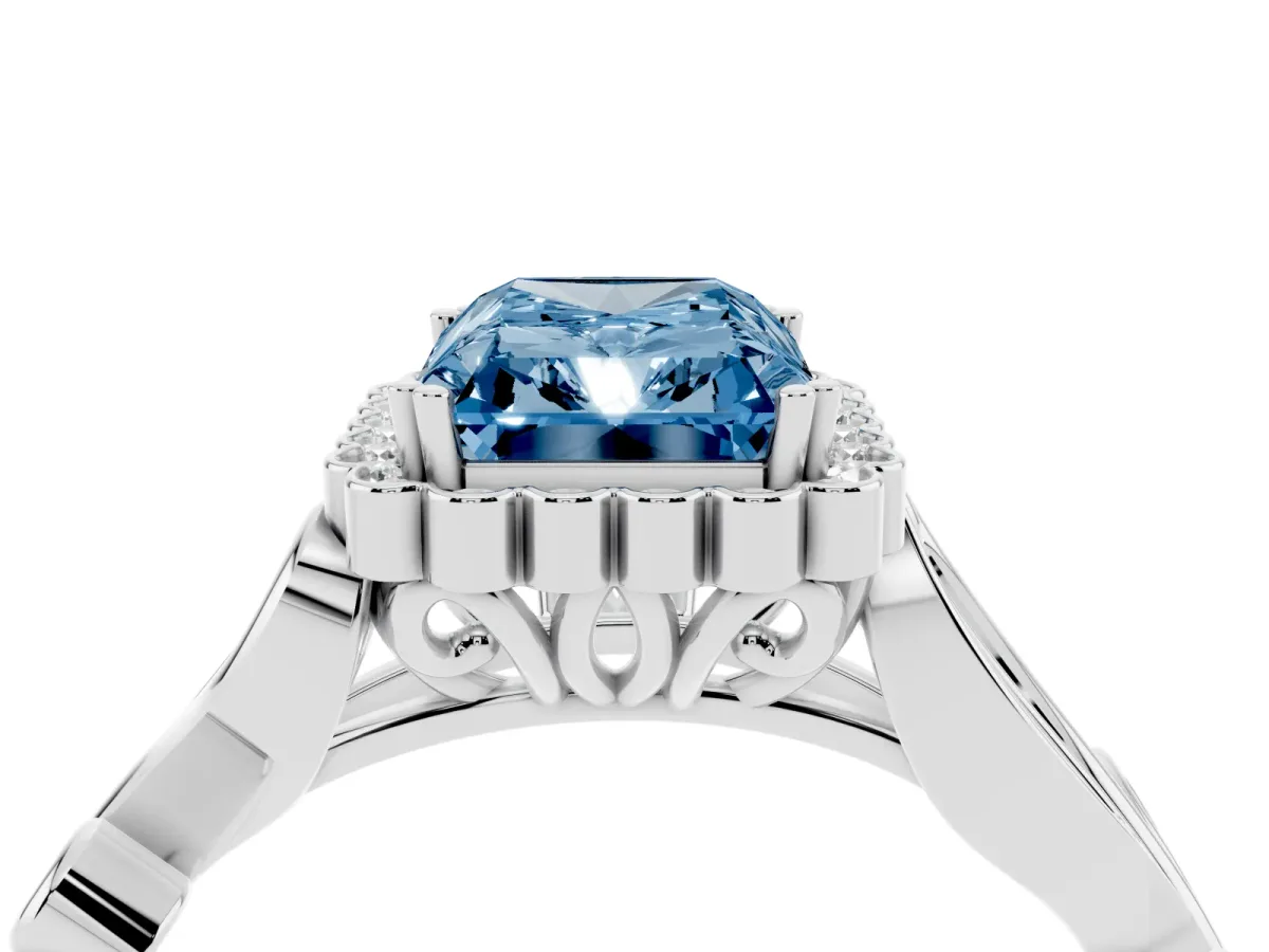 Fancy Blue Radiant Cut Diamond Halo Ring with Vintage Split Shank and Four-Prong Setting Platinum