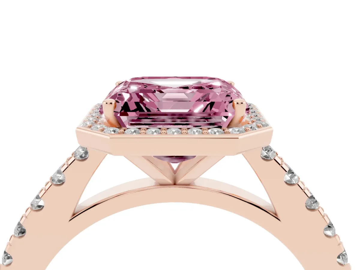 Fancy Pink Asscher Cut Cut Halo Diamond Engagement Ring with Pave Band and Four-Prong Setting Rose gold