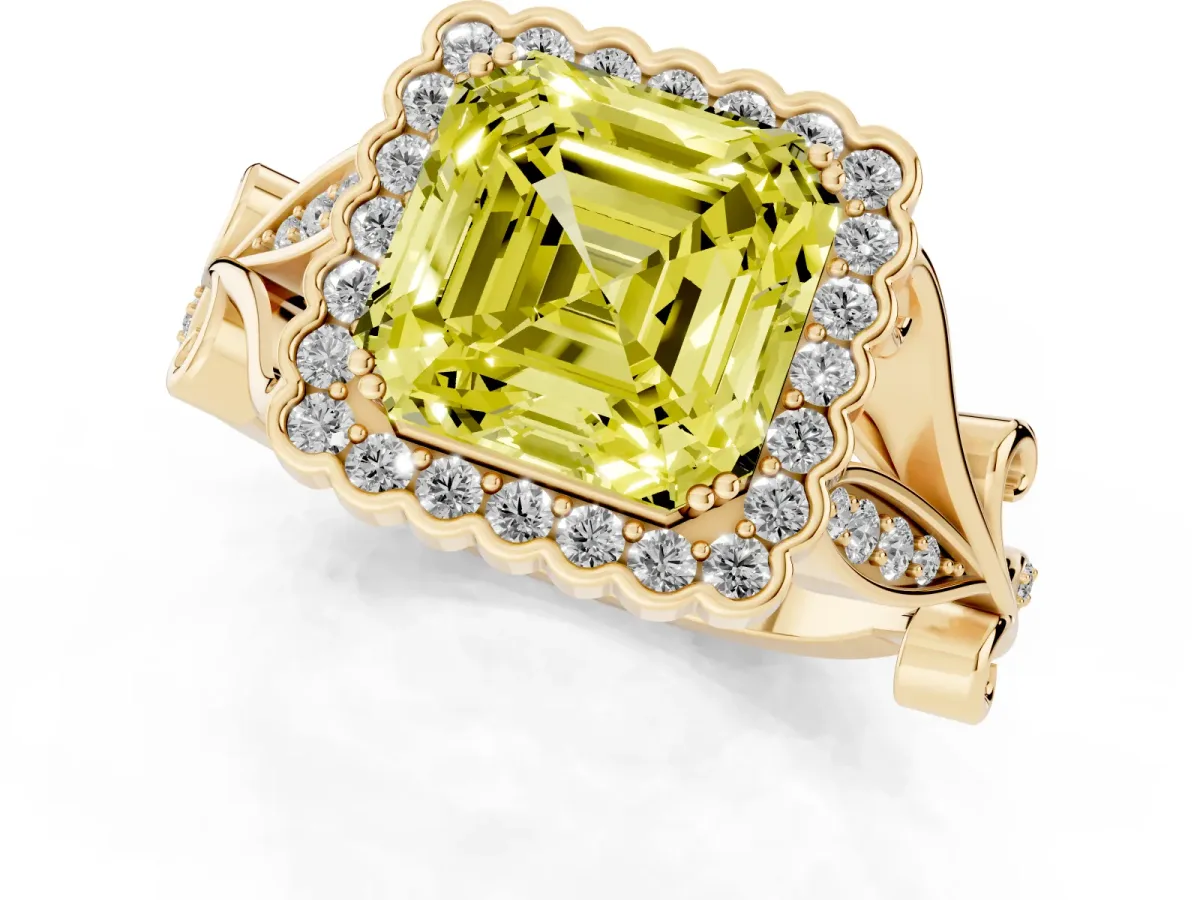 Fancy Yellow Asscher Cut Diamond Halo Ring with Vintage Split Shank and Four-Prong Setting Yellow gold