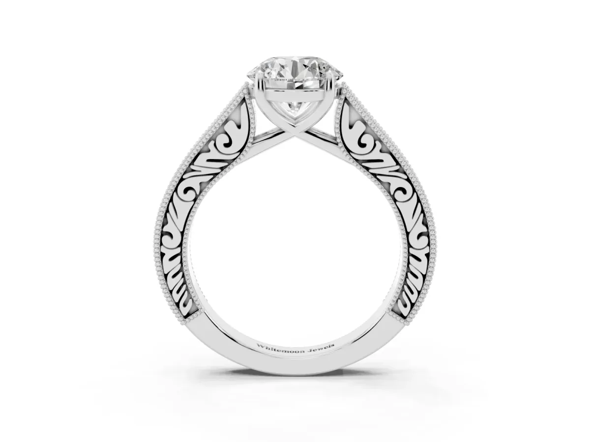 Round Cut Cut Pave Band Milgrain Solitaire Ring White gold