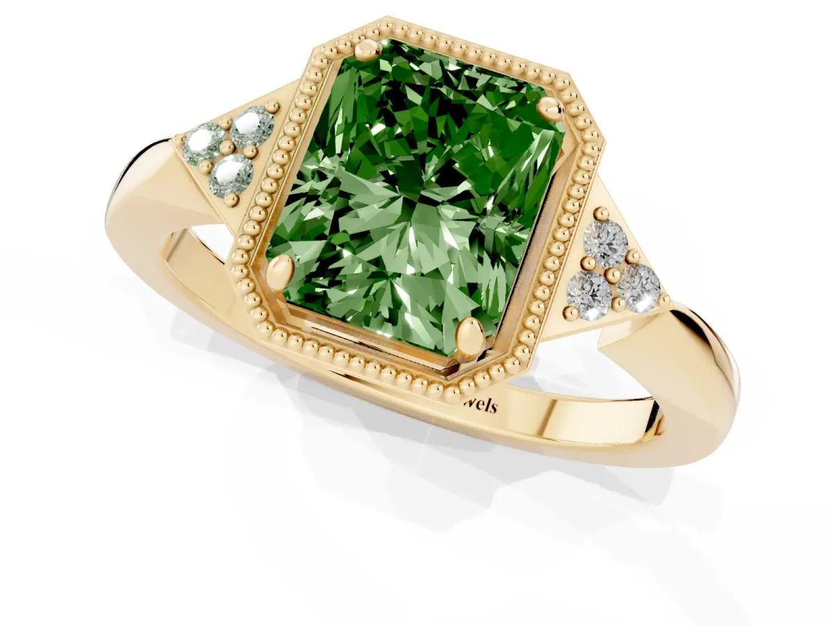 Fancy Green Radiant Cut Diamond Halo Ring with Tapered Band and Four-Prong Setting Yellow gold