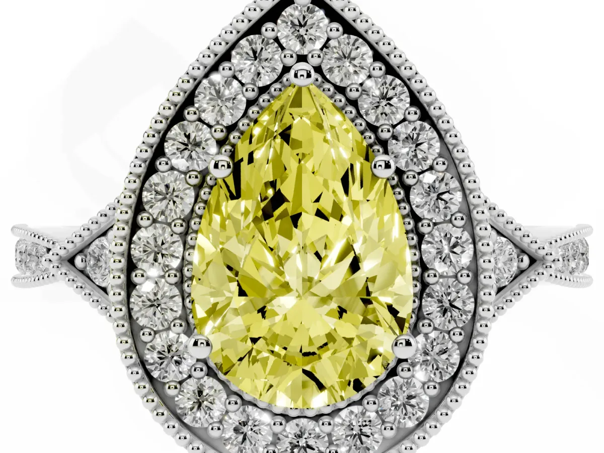 Fancy Yellow Pear Cut Halo Round Diamond Milgrain Pave Engagement Ring Platinum