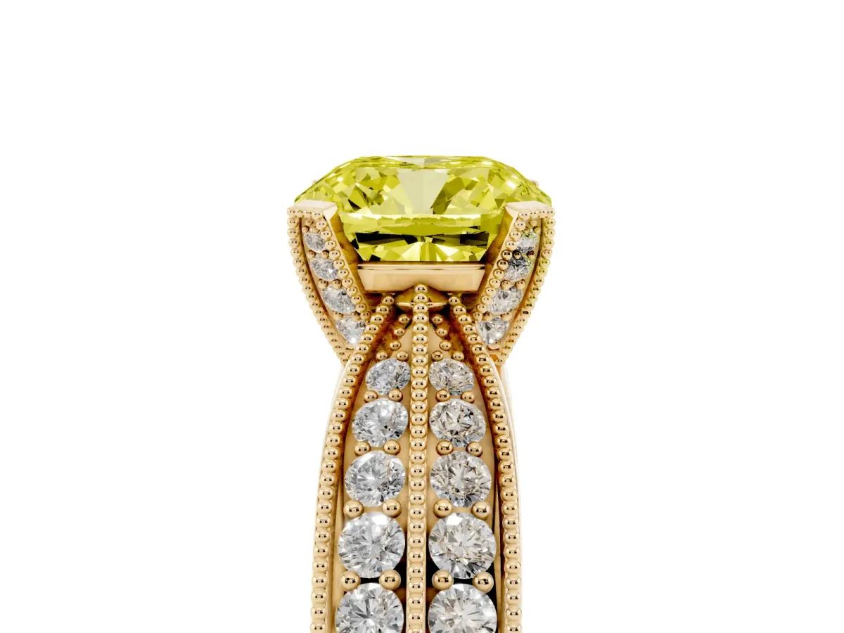Fancy Yellow Cushion Cut Diamond Solitaire Ring with Milgrain Round Pavé Band and Prong Setting Yellow gold