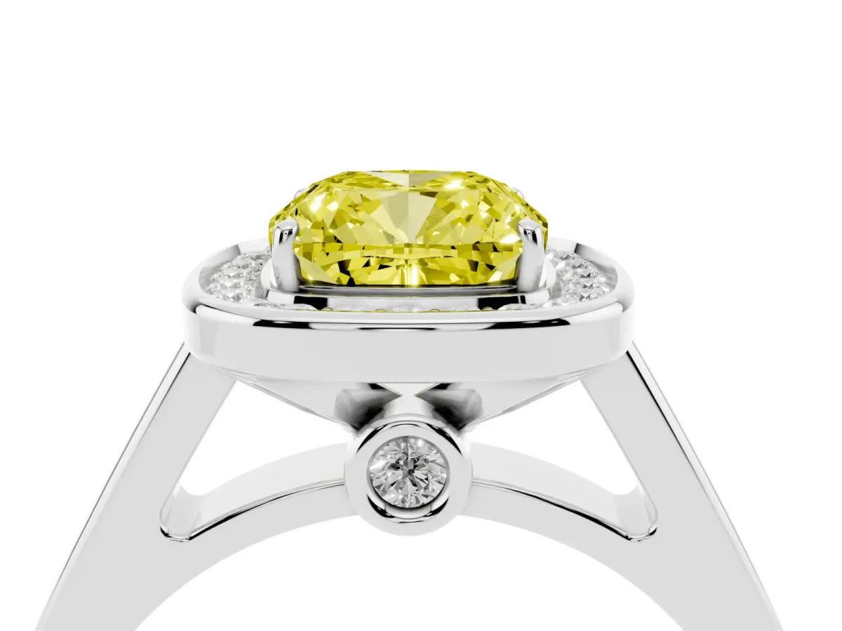Fancy Yellow Cushion Cut Halo Solitaire Diamond Ring with Pave Band and Bezel Setting Platinum