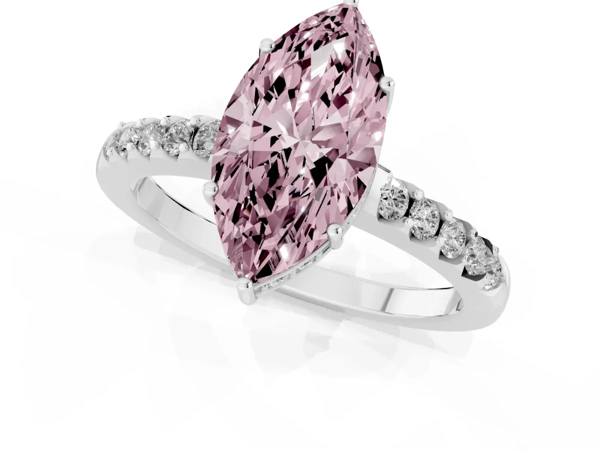 Fancy Pink Marquise Cut Solitaire Diamond Engagement Ring with Pavé Band and Six-Prong Setting White gold