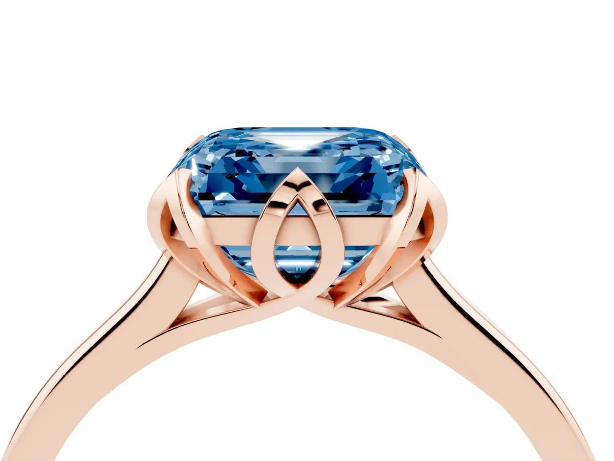 Fancy Blue Asscher Cut Diamond Solitaire Ring with Flower Prong Setting and Classic Band Rose gold