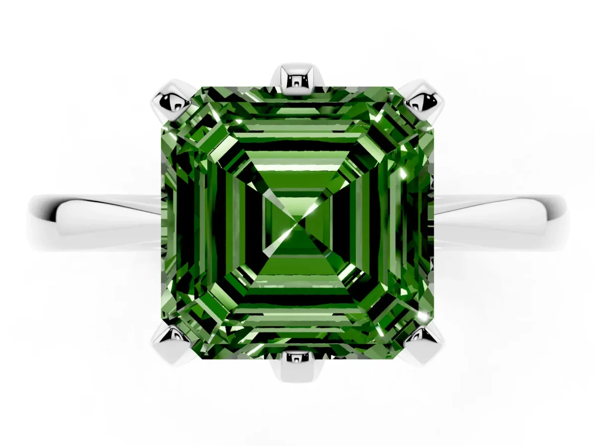 Fancy Green Asscher Cut Solitaire Engagement Ring with Six-Prong Setting and Tapered Band Platinum
