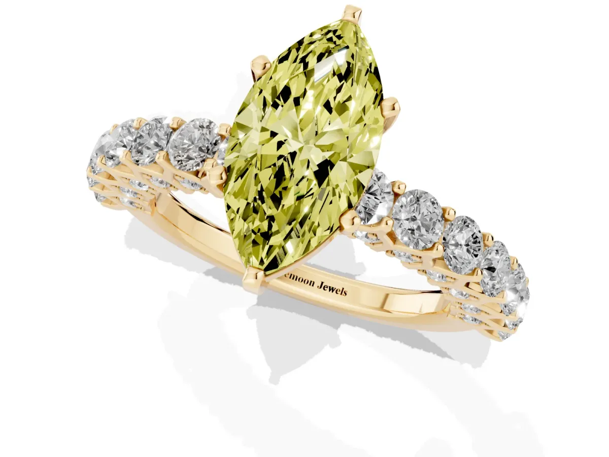 Fancy Yellow Marquise Cut Diamond Solitaire Ring with Shared Prong Pavé Band and Four-Prong Setting Yellow gold