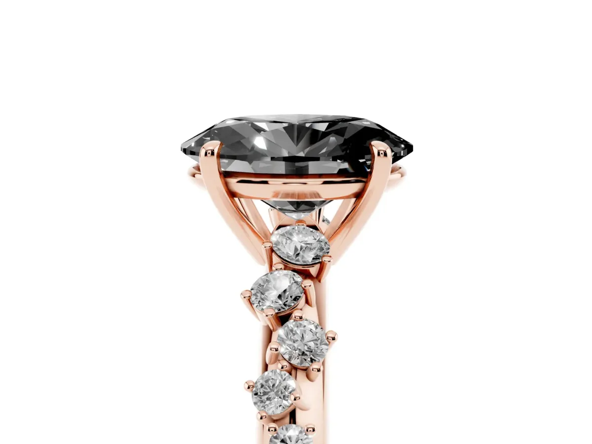 Fancy Black Oval Cut Diamond Cluster Side Stone Solitaire Ring with Prong Setting Rose gold