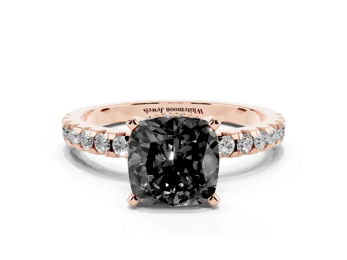 Fancy Black Cushion Cut Diamond Solitaire Ring with Round Pavé Band and Four-Prong Setting Rose gold