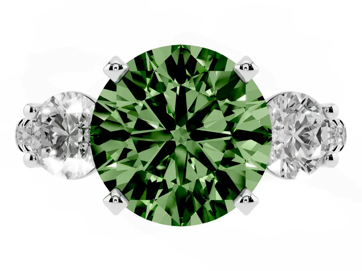 Fancy Green Three-Stone Round Cut Diamond Pavé Band with Four-Prong Setting Silver