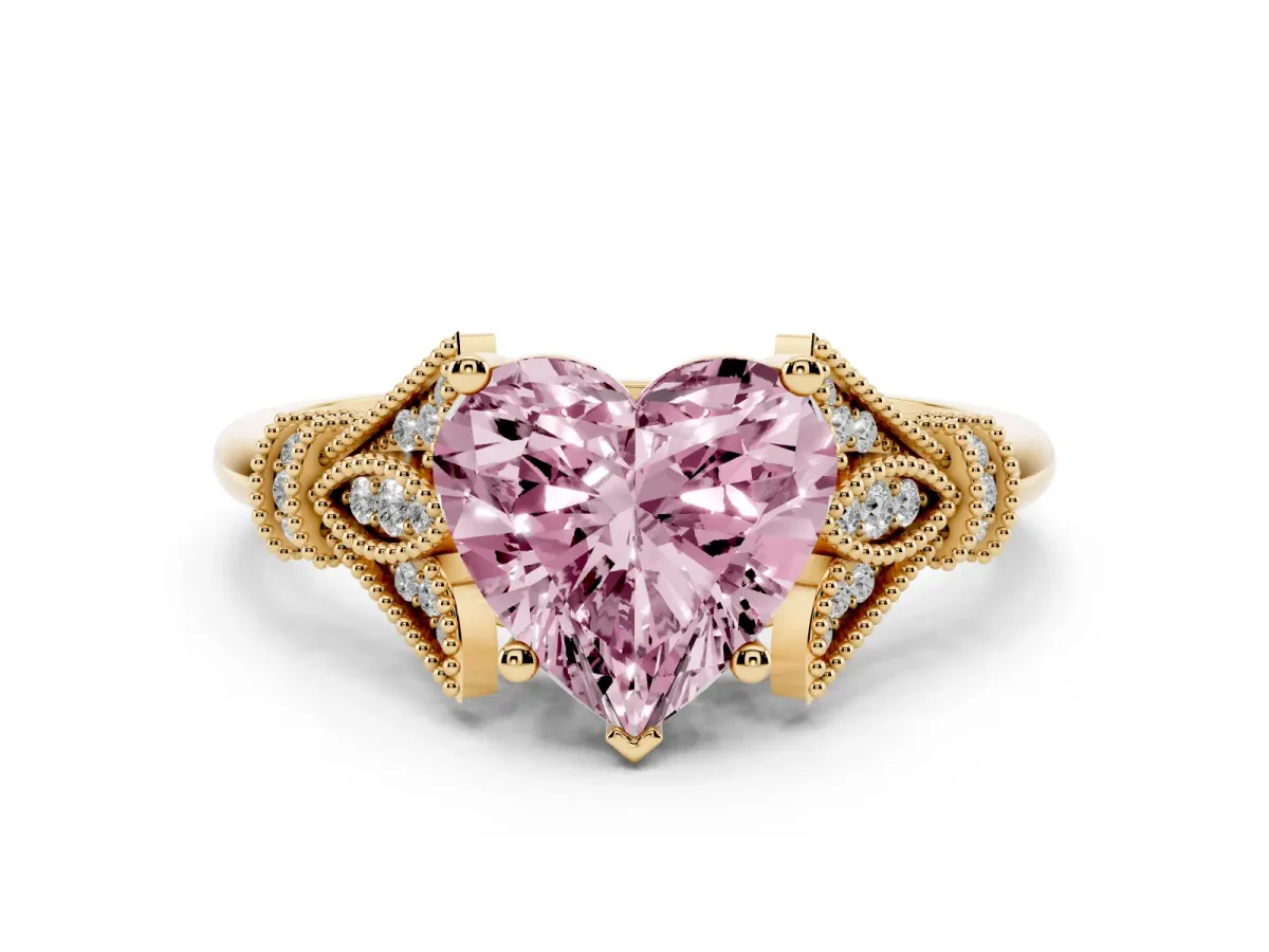 Fancy Pink Heart Cut Diamond Solitaire Ring with Floral Filigree and Pave Accents Yellow gold