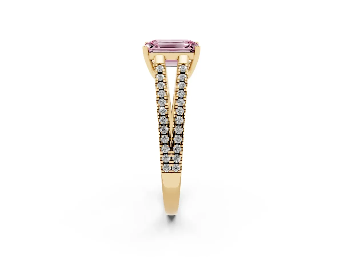 Fancy Pink Emerald Cut Diamond Solitaire Engagement Ring with Split Shank Pavé Band Yellow gold
