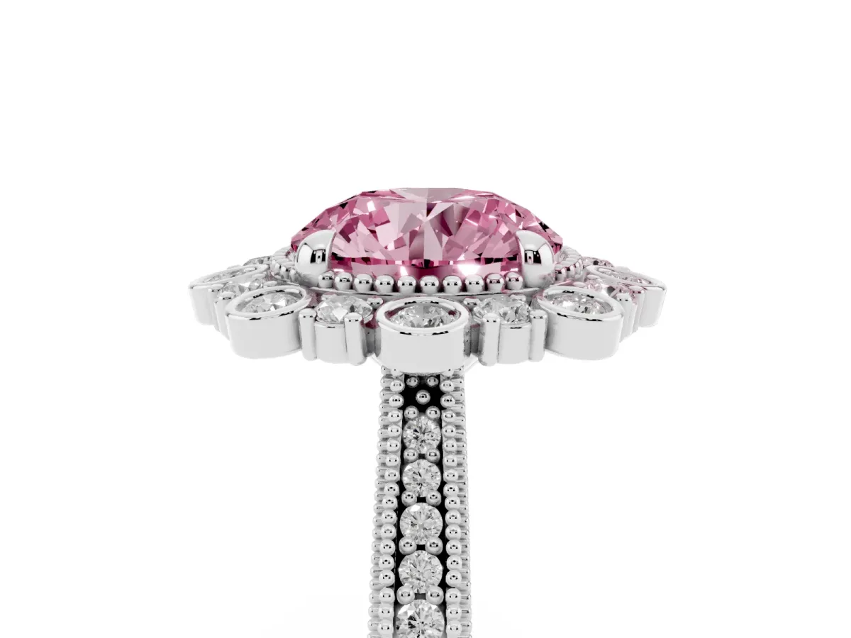 Fancy Pink Round Cut Halo Milgrain Pave Diamond Ring with Four-Prong Setting Silver