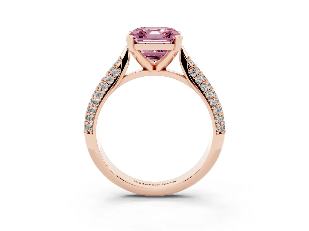 Fancy Pink Asscher Cut Diamond Solitaire Engagement Ring with Multi-Row Round Pavé Band and Prong Setting Rose gold