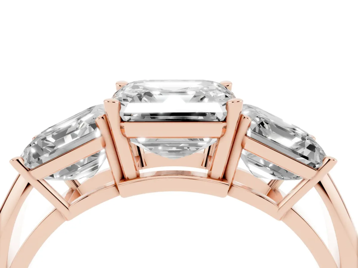 Three-Stone Asscher Cut Cut Diamond Engagement Ring with Prong Setting on a White Gold Band Rose gold