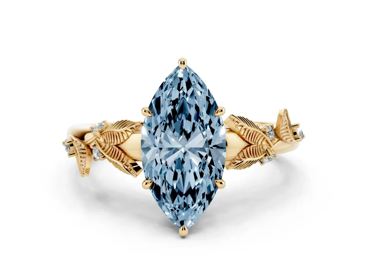 Fancy Blue Marquise Cut Diamond Solitaire Ring with Leaf Motif Band and Four-Prong Setting Yellow gold
