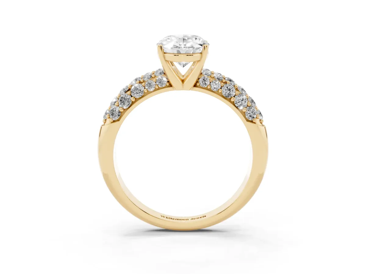 Oval Cut Diamond Pavé Band Solitaire Ring with Four-Prong Setting Yellow gold
