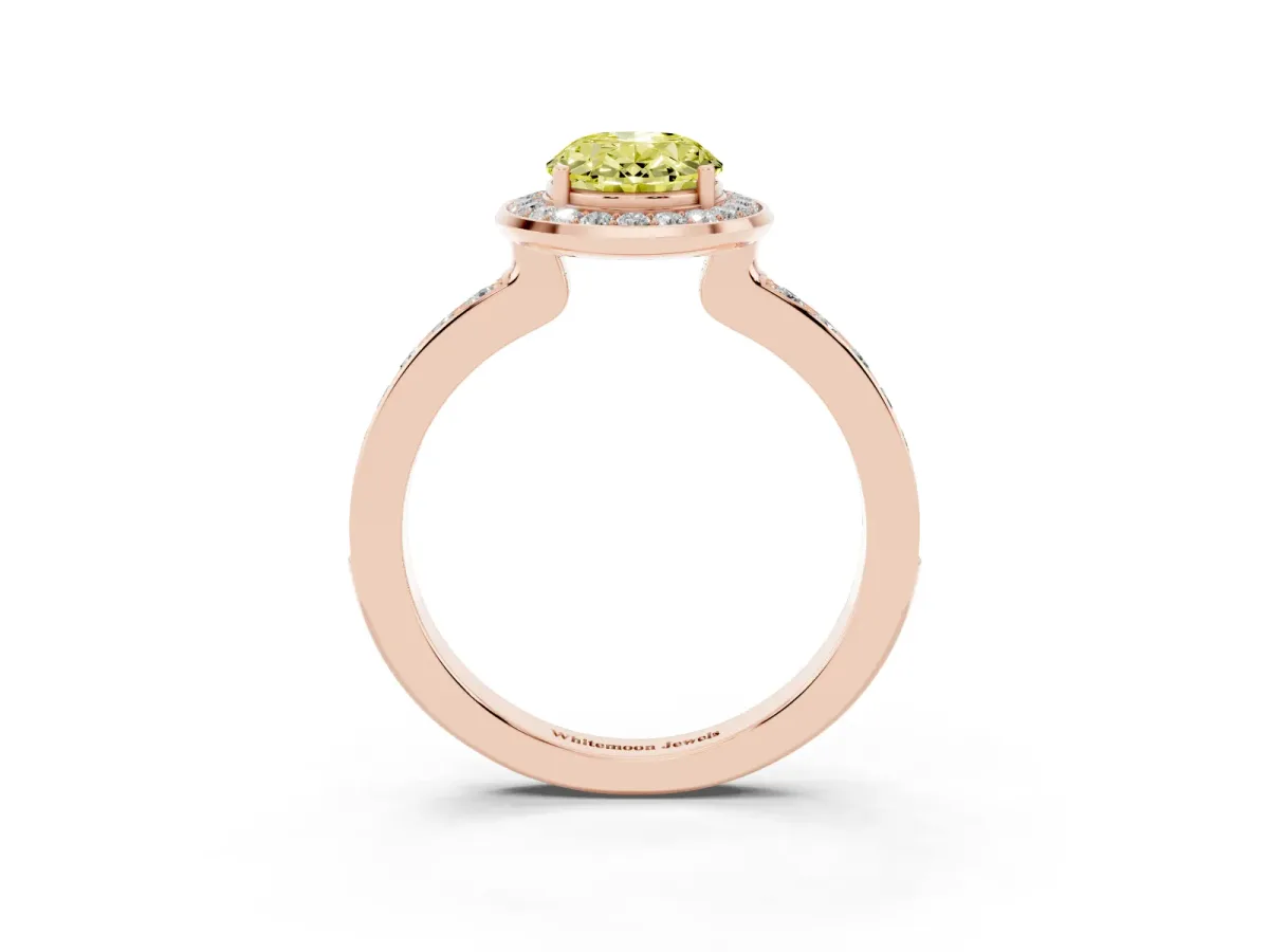 Fancy Yellow Oval Cut Diamond Halo Ring with Bezel Frame and Pavé Band Rose gold