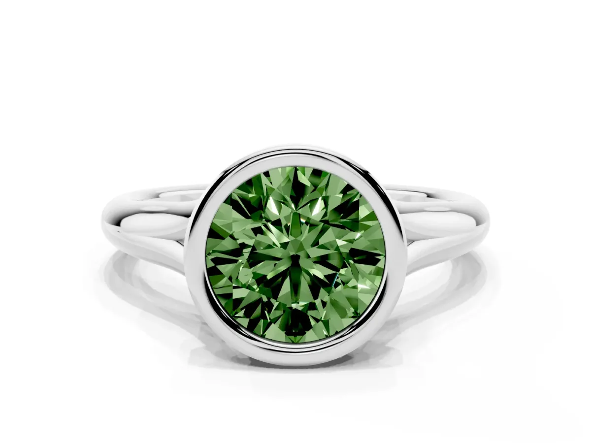 Fancy Green Bezel Set Round Cut Solitaire Diamond Ring with Smooth Band Silver