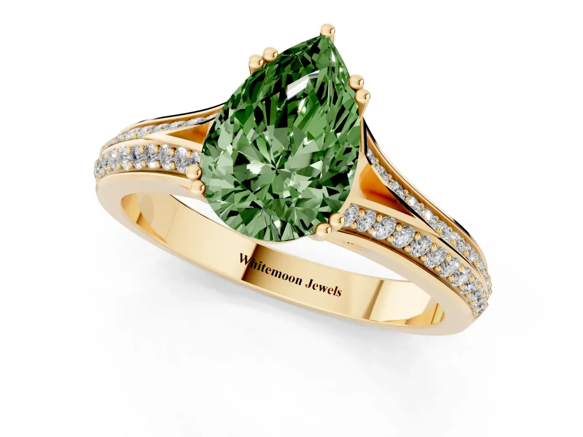 Fancy Green Pear Cut Diamond Split Shank Engagement Ring with Pavé Band Yellow gold