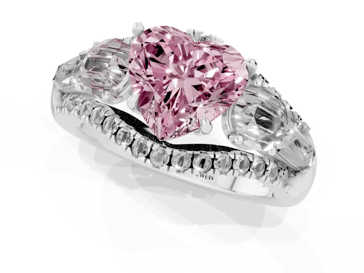 Fancy Pink Three-Stone Heart Cut Diamond Engagement Ring with Pave Band and Prong Setting Silver
